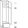Hoge kast 234 cm hoog, 1 deur, 1 deur met nis 122,5 cm of 140 cm hoog, 1 lade met korfblende, 1 legplank
