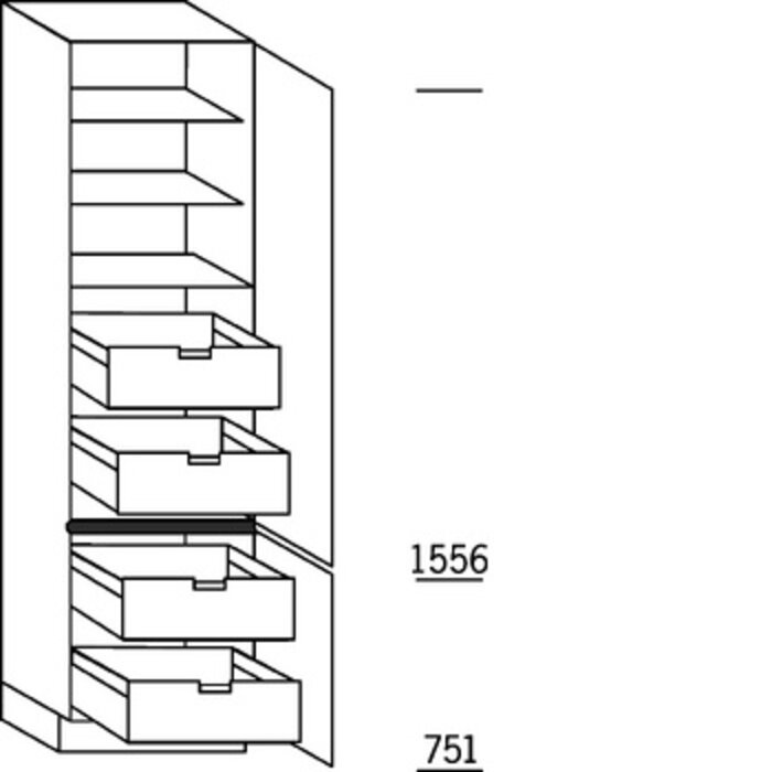 Systemat 'greeploos' Hoge keukenkast 234 cm hoog, 2 deuren, 2 vaste planken, 2 legplanken, 4 binnenkorven met afstandhouders