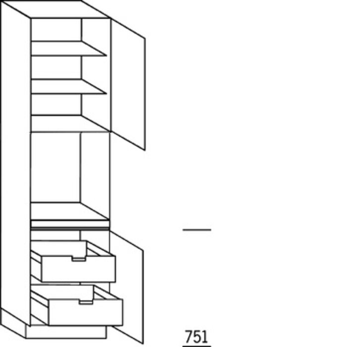 Systemat 'greeploos' Hoge keukenkast 234 cm hoog, 1 maatdeur, 1 inbouwnis, 1 deur, 2 legplanken, 2 binnenkorven