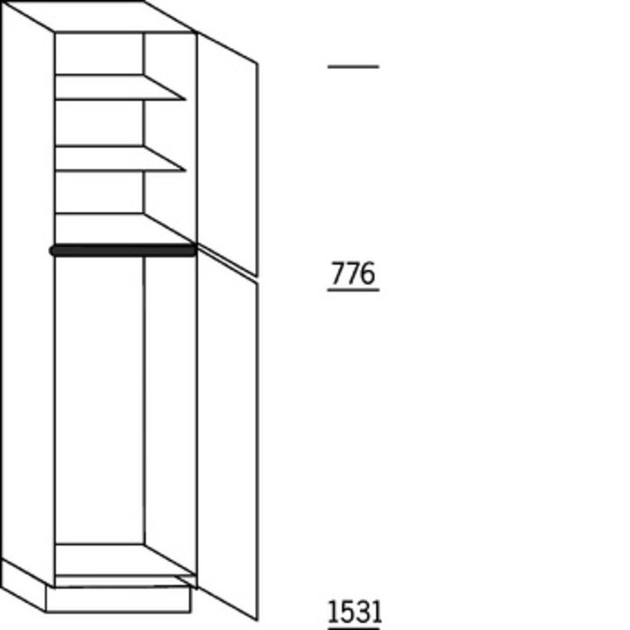 Prog. greeploos Hoge kast 234 cm hoog, 1 deur, 1 deur met inbouwnis, 2 legplanken