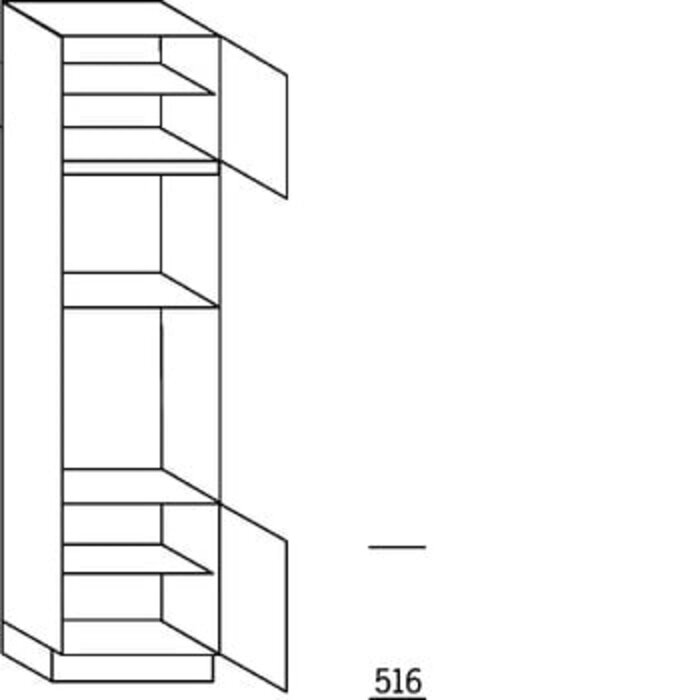 Systemat 'greeploos' Hoge keukenkast 221 cm hoog, 1 deur, 2 inbouwnissen, 1 deur, 2 legplanken