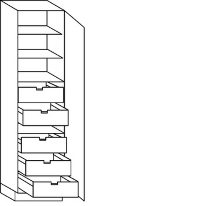 Met greep Hoge kast 234 cm hoog, 1 deur, 5 binnenkorven met afstandhouders