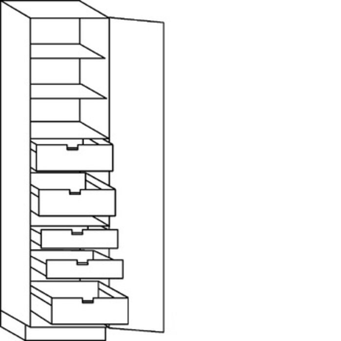 Greep op front Hoge kast 234 cm hoog, 1 deur, 2 binnenladen, 3 binnenkorven (165° scharnieren!)