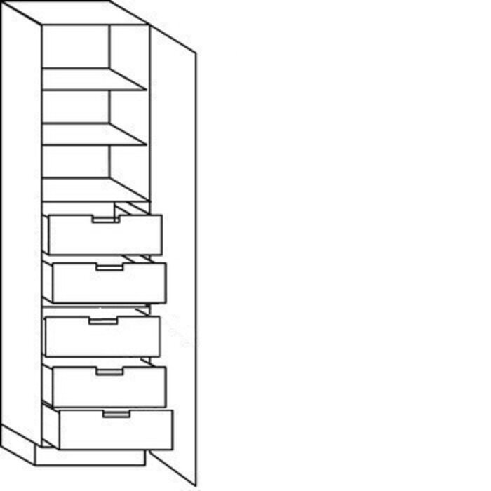 Greeploos Hoge keukenkast 221 cm hoog, 1 deur, 5 binnenkorven met afstandhouders