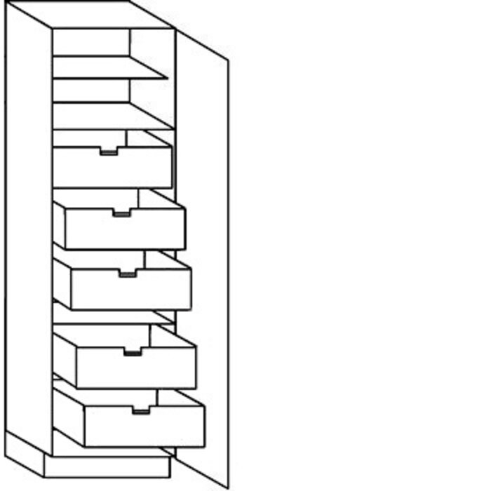 Greeploos Hoge keukenkast 195 cm hoog, 1 deur, 5 binnenkorven