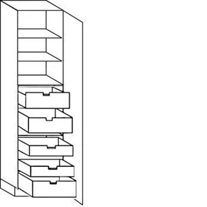 Greeploos Hoge keukenkast 221 cm hoog, 1 deur, 2 binnenladen, 3 binnenkorven (165° scharnieren!)