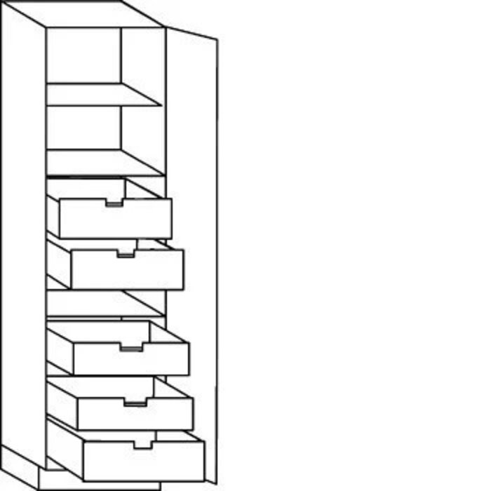 Greeploos Hoge keukenkast 208 cm hoog, 1 deur, 2 binnenladen, 3 binnenkorven (165° scharnieren!)