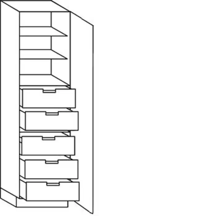 Met greep Hoge kast 208 cm hoog, 1 deur, 5 binnenkorven met afstandhouders