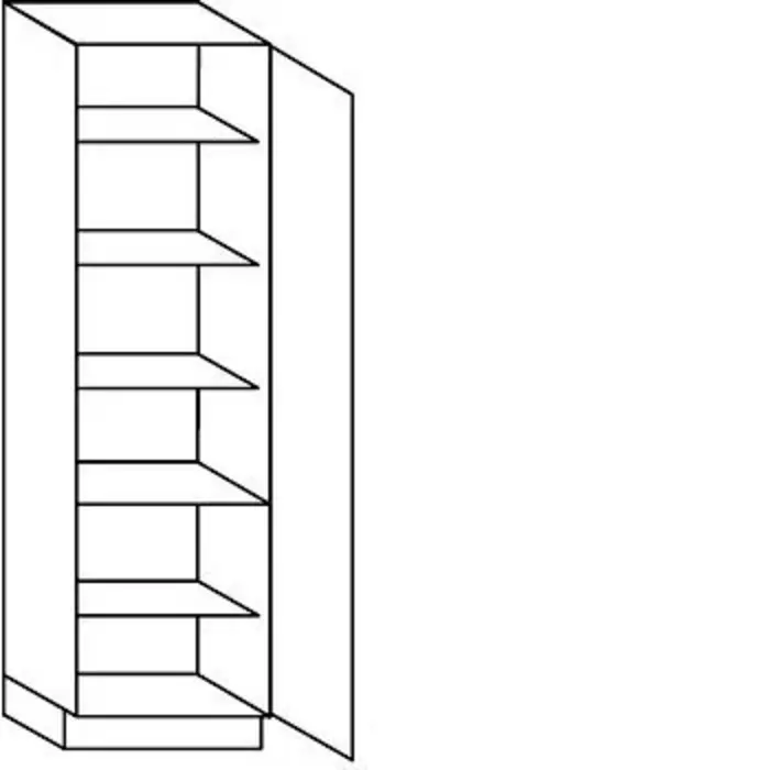 Prog. met greep Hoge kast 195 cm hoog, 1 deur, 1 vaste plank, 4 legplanken