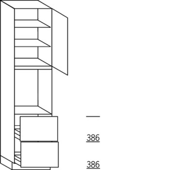 Met greep Hoge kast 234 cm hoog, 1 deur, 1 inbouwnis, 1 deur, 2 legplanken, 2 korven