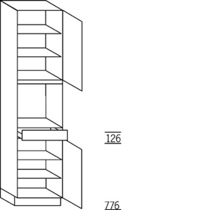 Met greep Hoge kast 234 cm hoog, 1 deur, 1 inbouwnis, 1 lade, 1 deur, 4 legplanken