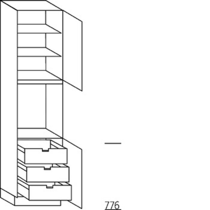 Met greep Hoge kast 234 cm hoog, 1 deur, 1 inbouwnis, 1 deur, 2 legplanken, 3 binnenkorven