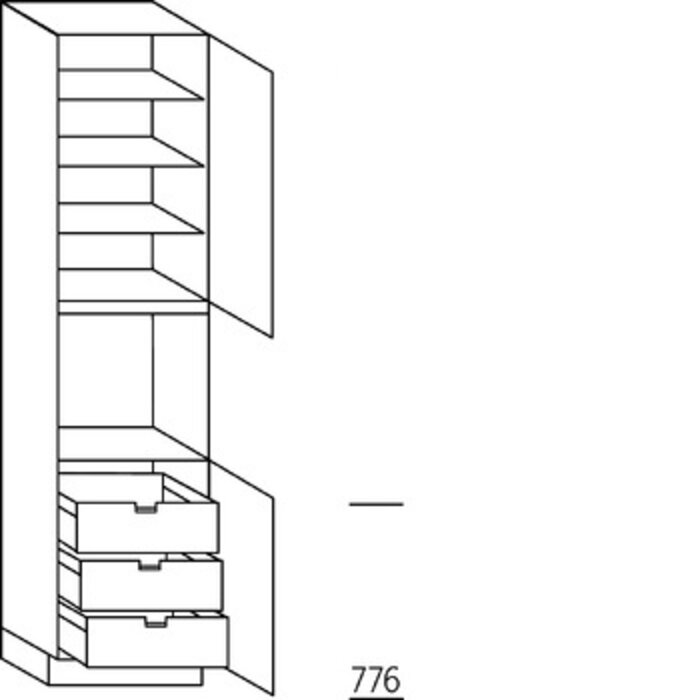 Greeploos Hoge kast 234 cm hoog, 1 deur, 1 inbouwnis, 1 deur, 3 legplanken, 3 binnenkorven