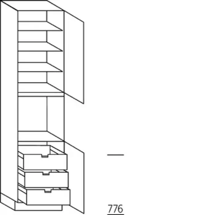 Greeploos Hoge keukenkast 234 cm hoog, 1 deur, 1 inbouwnis, 1 deur, 3 legplanken, 3 binnenkorven