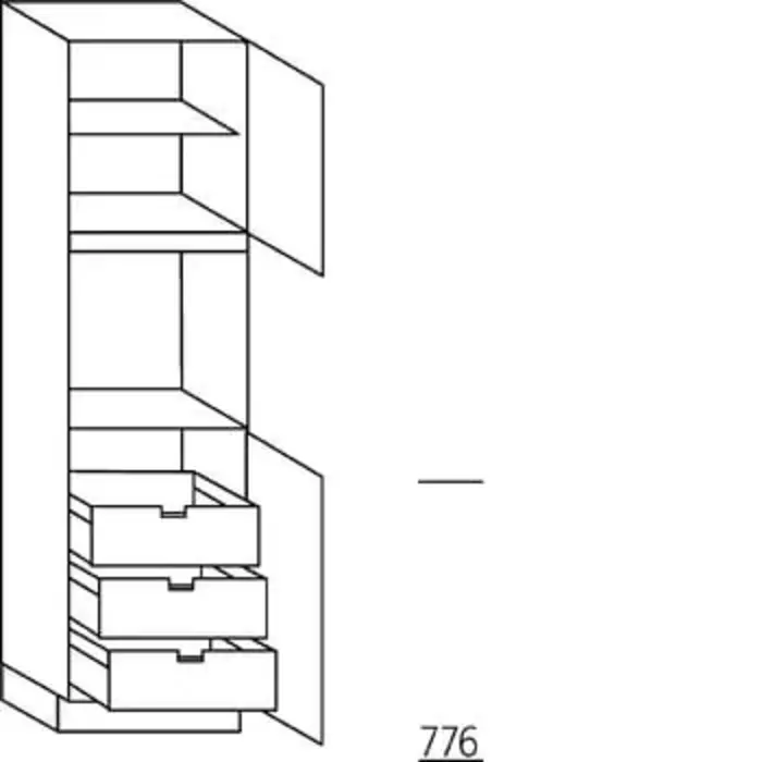 Prog. greeploos verticaal Hoge kast 208 cm hoog, 1 deur, 1 inbouwnis, 1 deur, 1 legplank, 3 binnenkorven