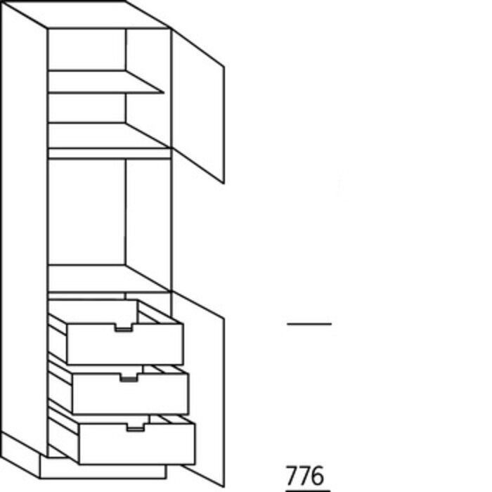 Met greep Hoge kast 195 cm hoog, 1 deur, 1 inbouwnis, 1 deur, 1 legplank, 3 binnenkorven