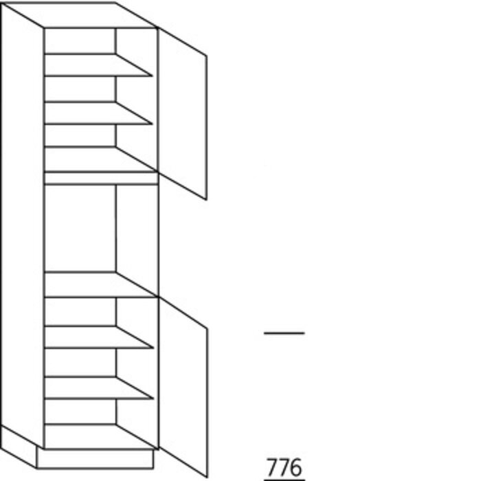 Met greep Hoge kast 208 cm hoog, 1 deur, 1 inbouwnis, 1 deur, 4 legplanken