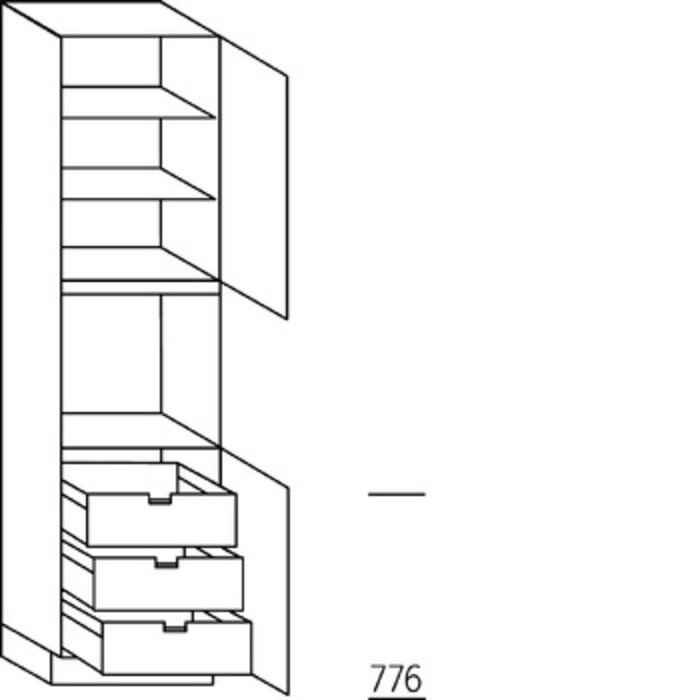Met greep Hoge kast 221 cm hoog, 1 deur, 1 inbouwnis, 1 deur, 2 legplanken, 3 binnenkorven