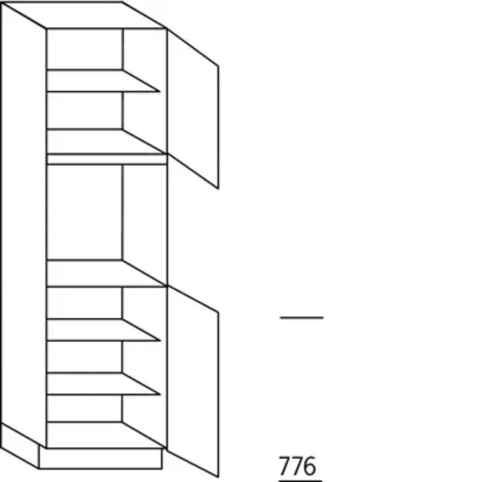 Prog. greeploos verticaal Hoge kast 195 cm hoog, 1 deur, 1 inbouwnis, 1 deur, 3 legplanken