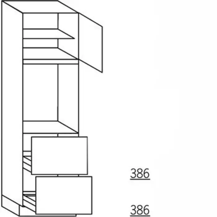 Greeploos Hoge kast 195 cm hoog, 1 deur, 1 inbouwnis, 1 deur, 1 legplank, 2 korven