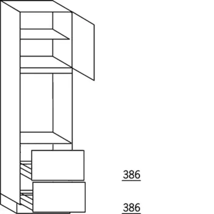 Met greep Hoge kast 208 cm hoog, 1 deur, 1 inbouwnis, 1 deur, 1 legplank, 2 korven