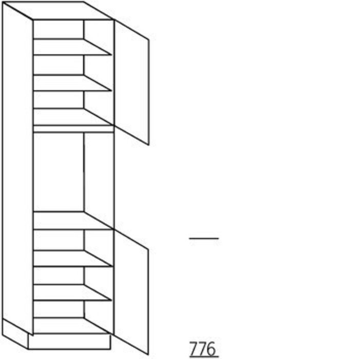 Met greep Hoge kast 221 cm hoog, 1 deur, 1 inbouwnis, 1 deur, 4 legplanken