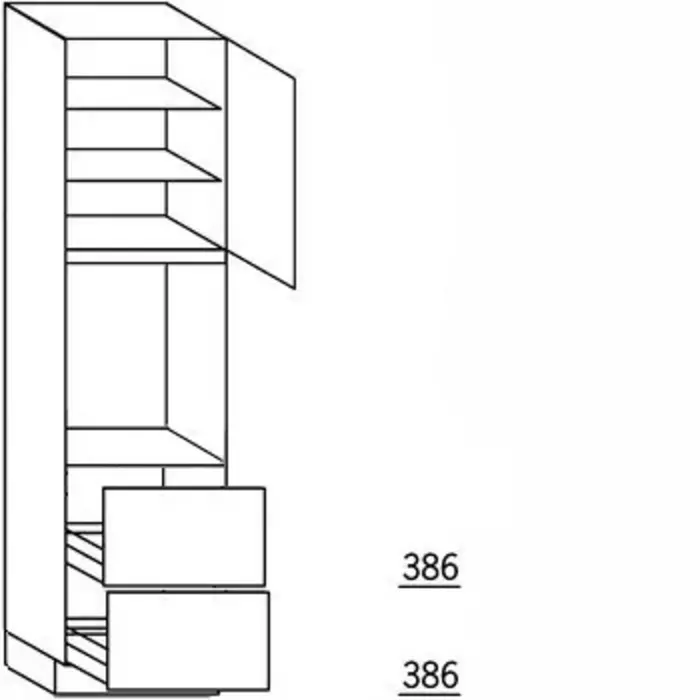 Met greep Hoge kast 221 cm hoog, 1 deur, 1 inbouwnis, 1 deur, 2 legplanken, 2 korven