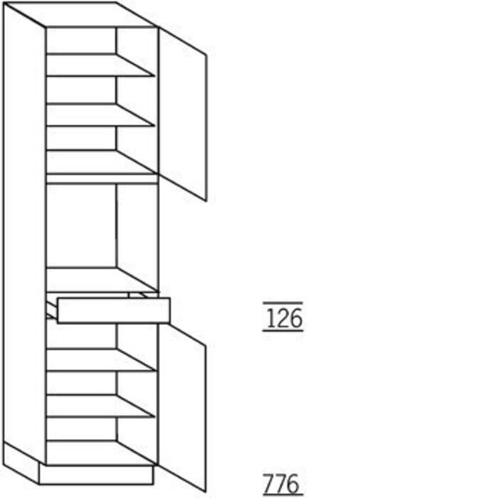 Met greep Hoge kast 221 cm hoog, 1 deur, 1 inbouwnis, 1 lade, 1 deur, 4 legplanken