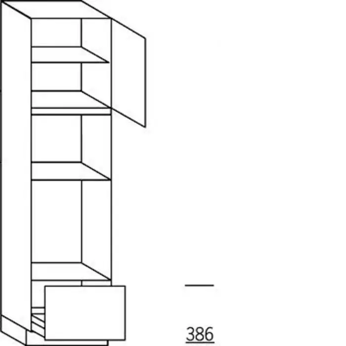 Met greep Hoge kast 221 cm hoog, 1 deur, 2 inbouwnissen, 1 korf, 1 legplank