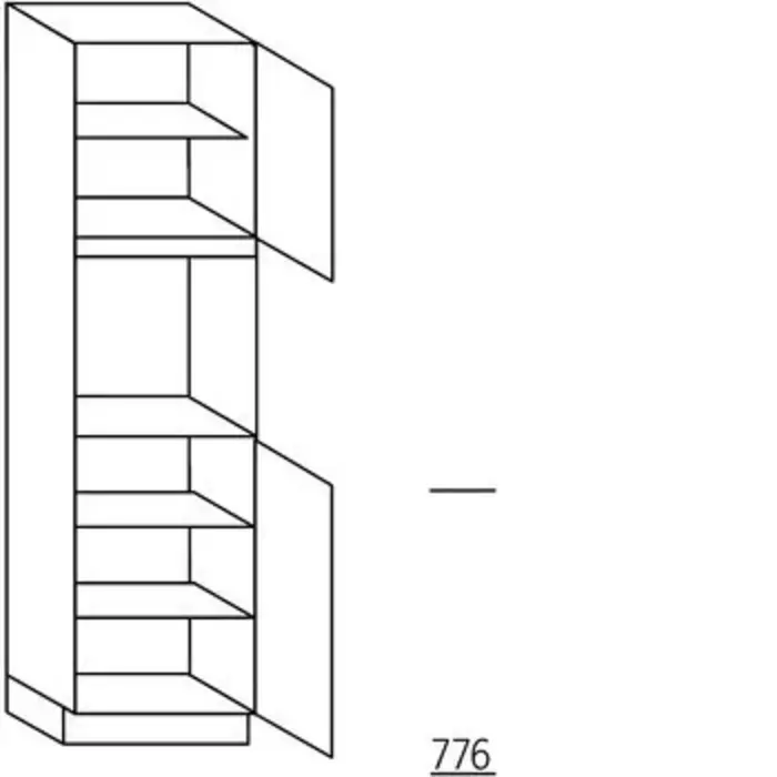 Met greep Hoge kast 208 cm hoog, 1 deur, 1 inbouwnis, 1 deur, 3 legplanken