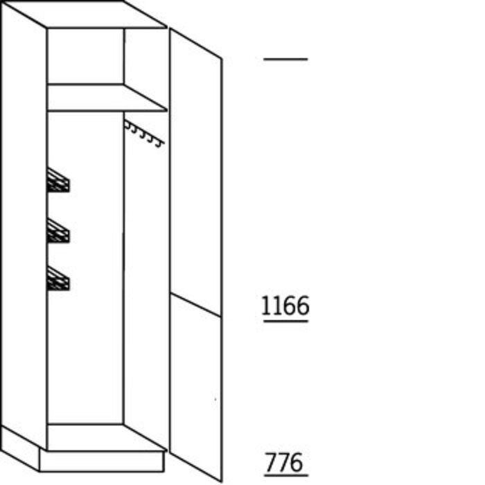 Met greep Hoge bezemkast 195 cm hoog, 2 deuren gekoppeld, 1 hakenlijst,  1 poetsmiddelenkorf