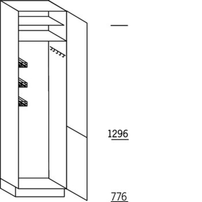 Met greep Hoge bezemkast 208 cm hoog, 2 deuren gekoppeld, 1 hakenlijst,  1 poetsmiddelenkorf