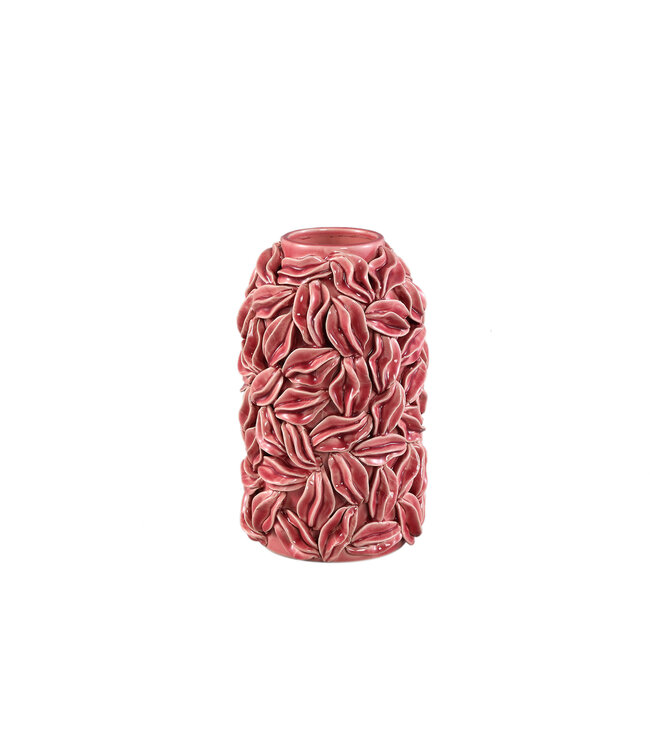 Zubeda Pink round glazed ceramic pot with leaves S