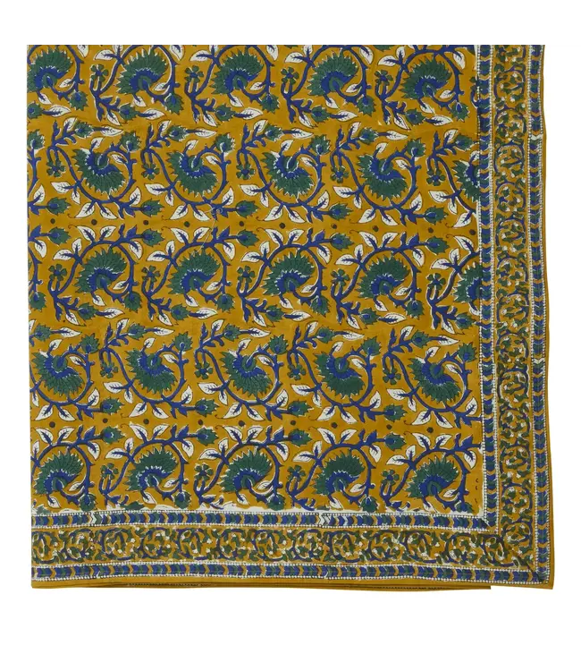 Tafelkleed met Indiase bloemenprint Lotus Curry 170 x 300 cm