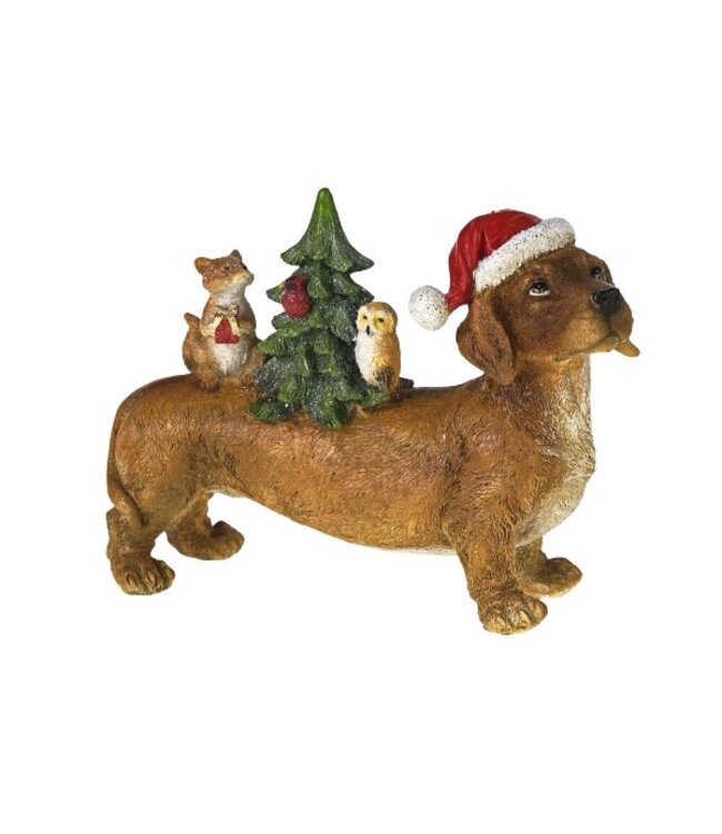 Dachshund w. tree polyresin, 21x7.5x15.5cm