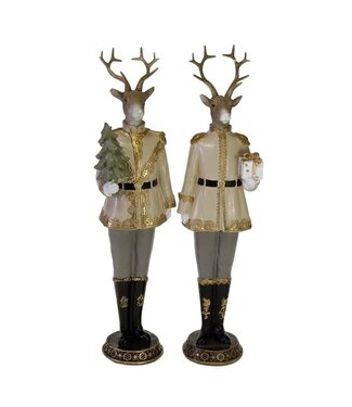 Deer w. tree/gift, 2 ass. polyresin, 10x8x39cm