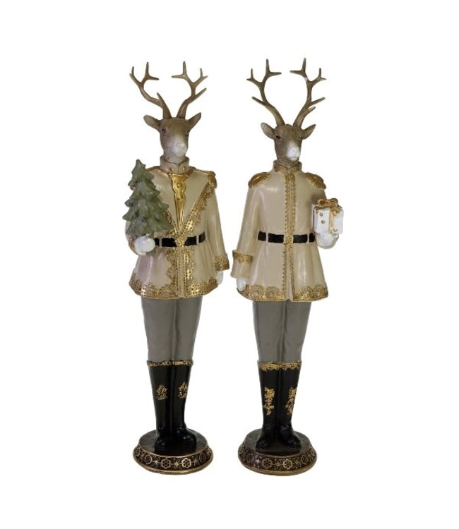 Deer w. tree/gift, 2 ass. polyresin, 10x8x39cm