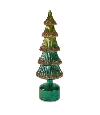 Glass tree w. LED, rotating, petrol/green,  glass, 12x37cm