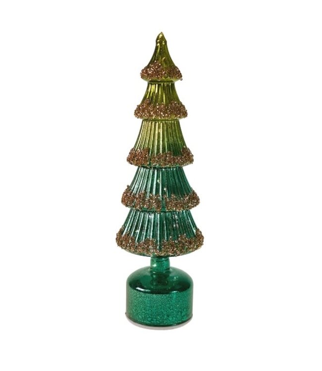 Glass tree w. LED, rotating, petrol/green,  glass, 9.5x28cm