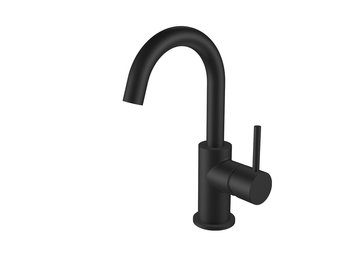Regn hoge wastafelmengkraan met gebogen uitloop en coldstart, mat zwart