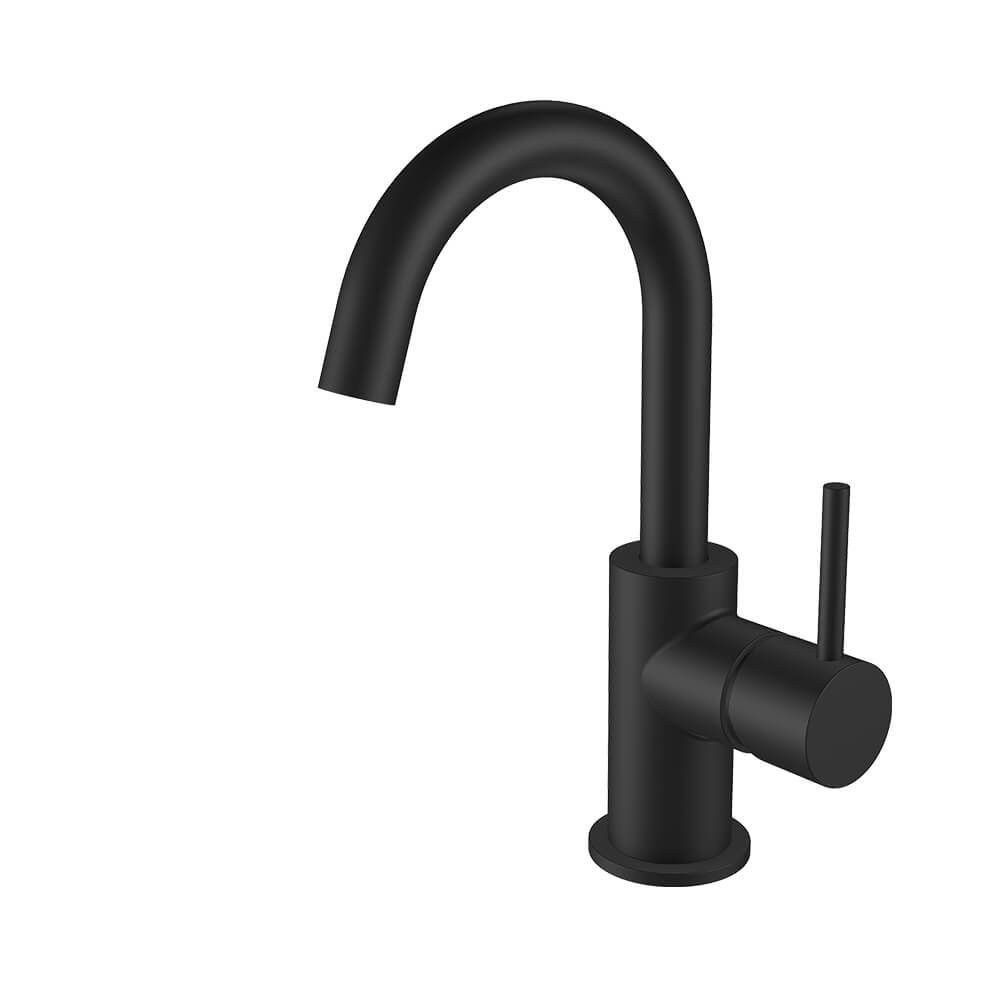 Regn hoge wastafelmengkraan met gebogen uitloop en coldstart, mat zwart