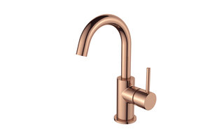 Regn hoge wastafelmengkraan met gebogen uitloop en coldstart, geborsteld koper