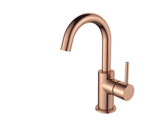 Regn hoge wastafelmengkraan met gebogen uitloop en coldstart, geborsteld koper