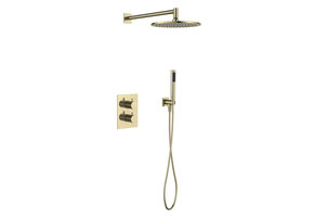Regn complete thermostatische regendouche inbouwset rechthoek, geborsteld goud