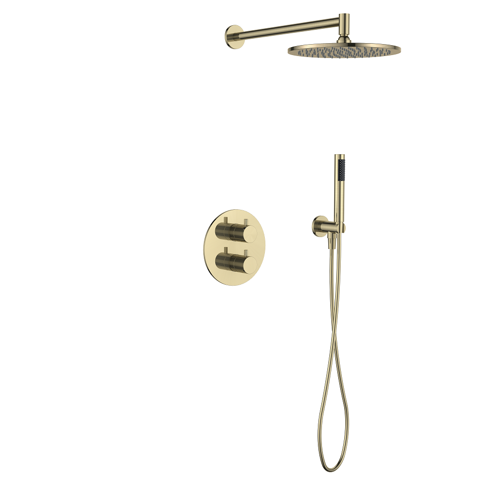 Regn complete thermostatische regendouche inbouwset rond, geborsteld goud