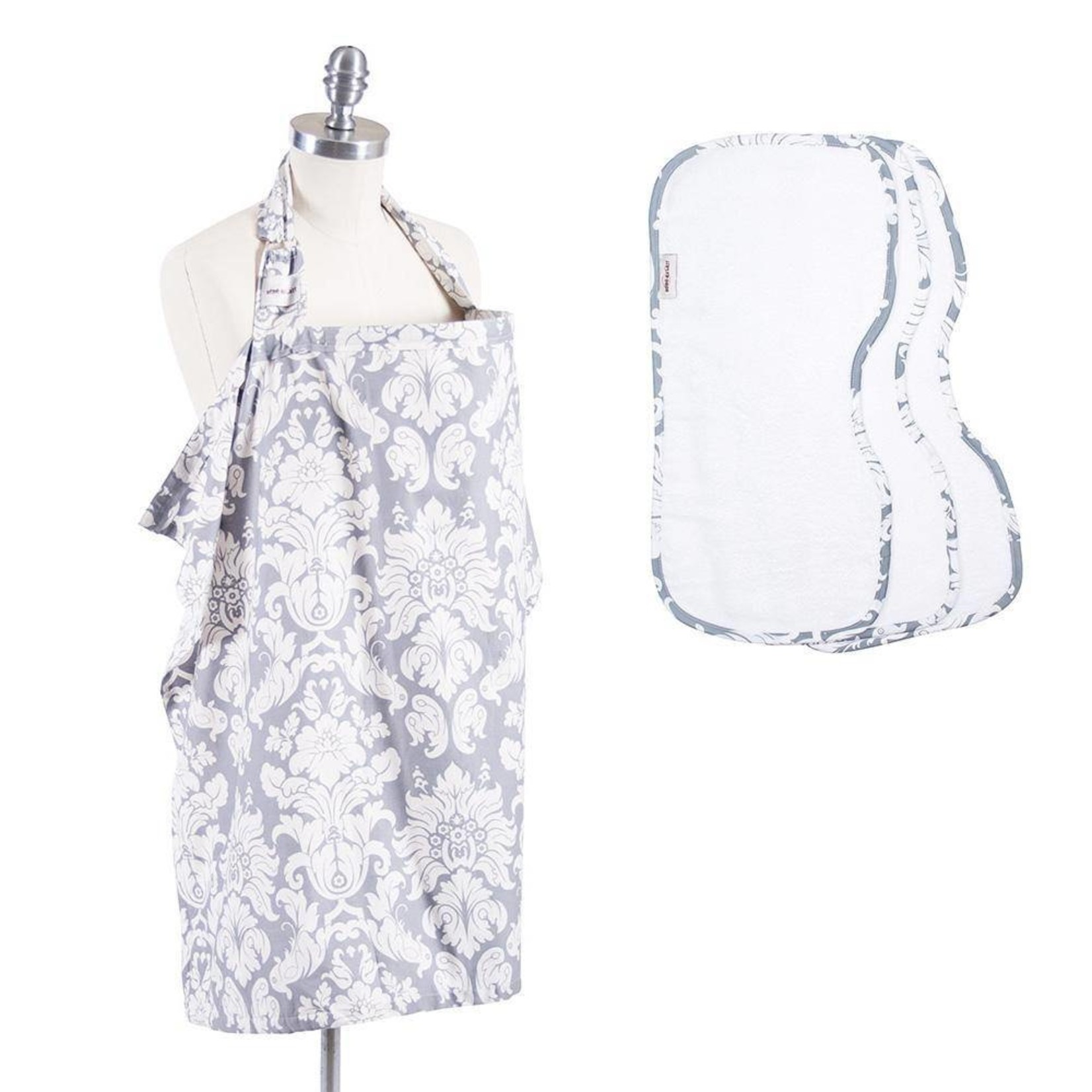 Nursing Essentials - Chateau Silver Nursing Cover and Matching Contoured Burp Cloths (3) OS غطاء الرضاعة