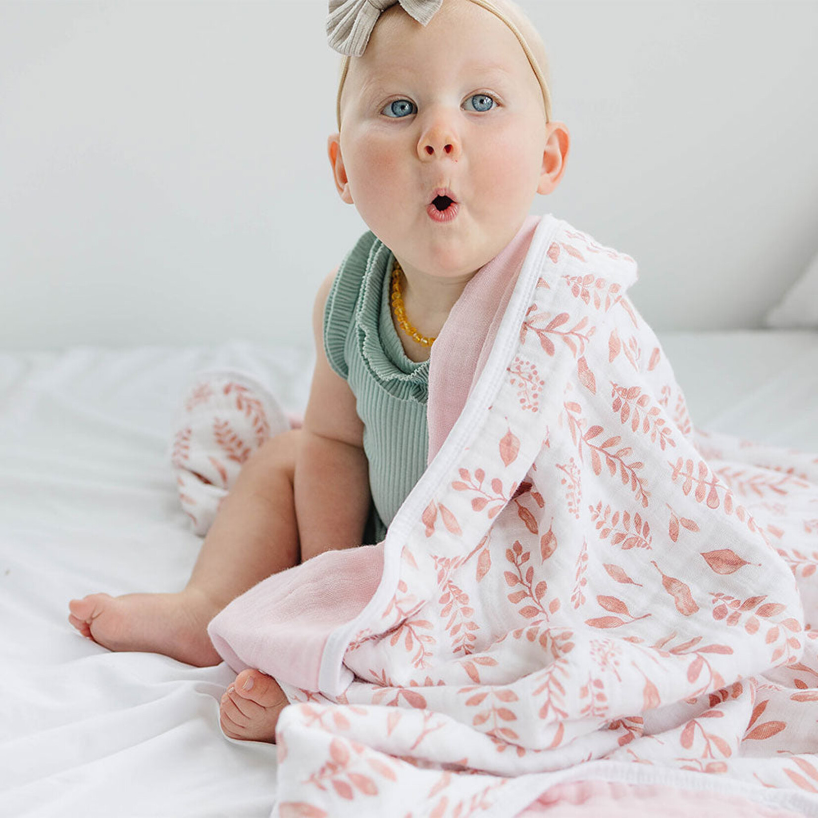 Pink Leaves/Cotton Muslin  Snuggle Blanket