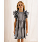 CHAMBRAY RUFFLE SHOULDER DRESS