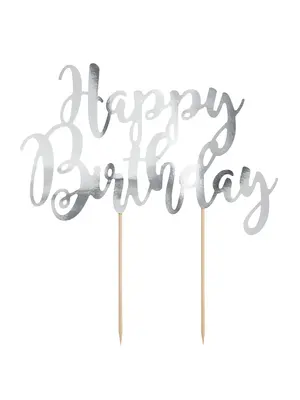 PartyDeco PartyDeco Cake Topper Happy Birthday - Zilver
