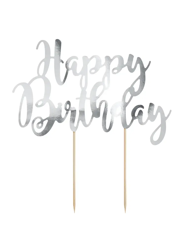 PartyDeco PartyDeco Cake Topper Happy Birthday - Zilver